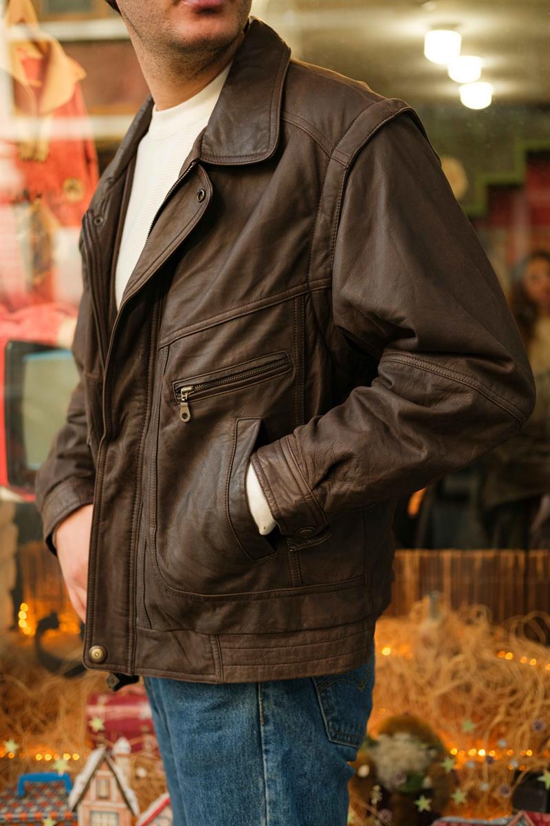 Vintage Acı Kahve Bomber Unisex Deri Ceket