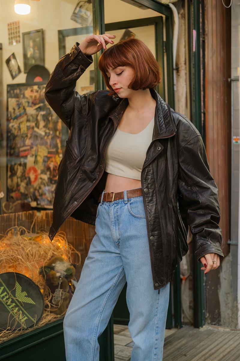 Vintage Acı Kahve Bomber Unisex Deri Ceket