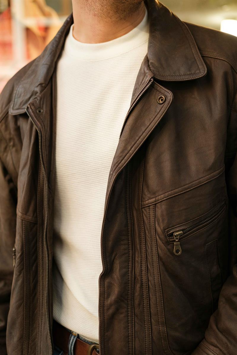 Vintage Acı Kahve Bomber Unisex Deri Ceket
