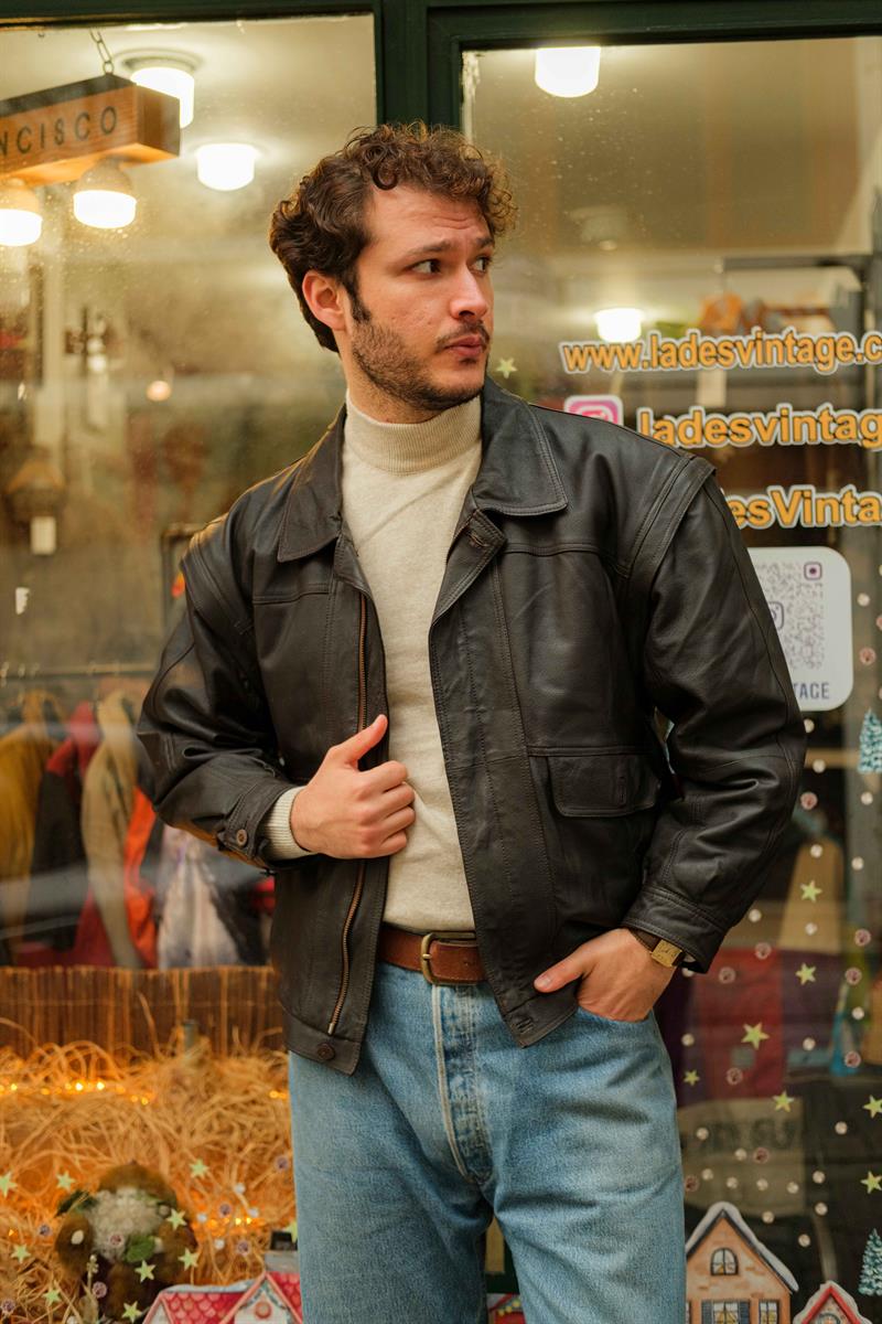 Vintage Acı Kahve Renk Bomber Model Unisex Deri Ceket