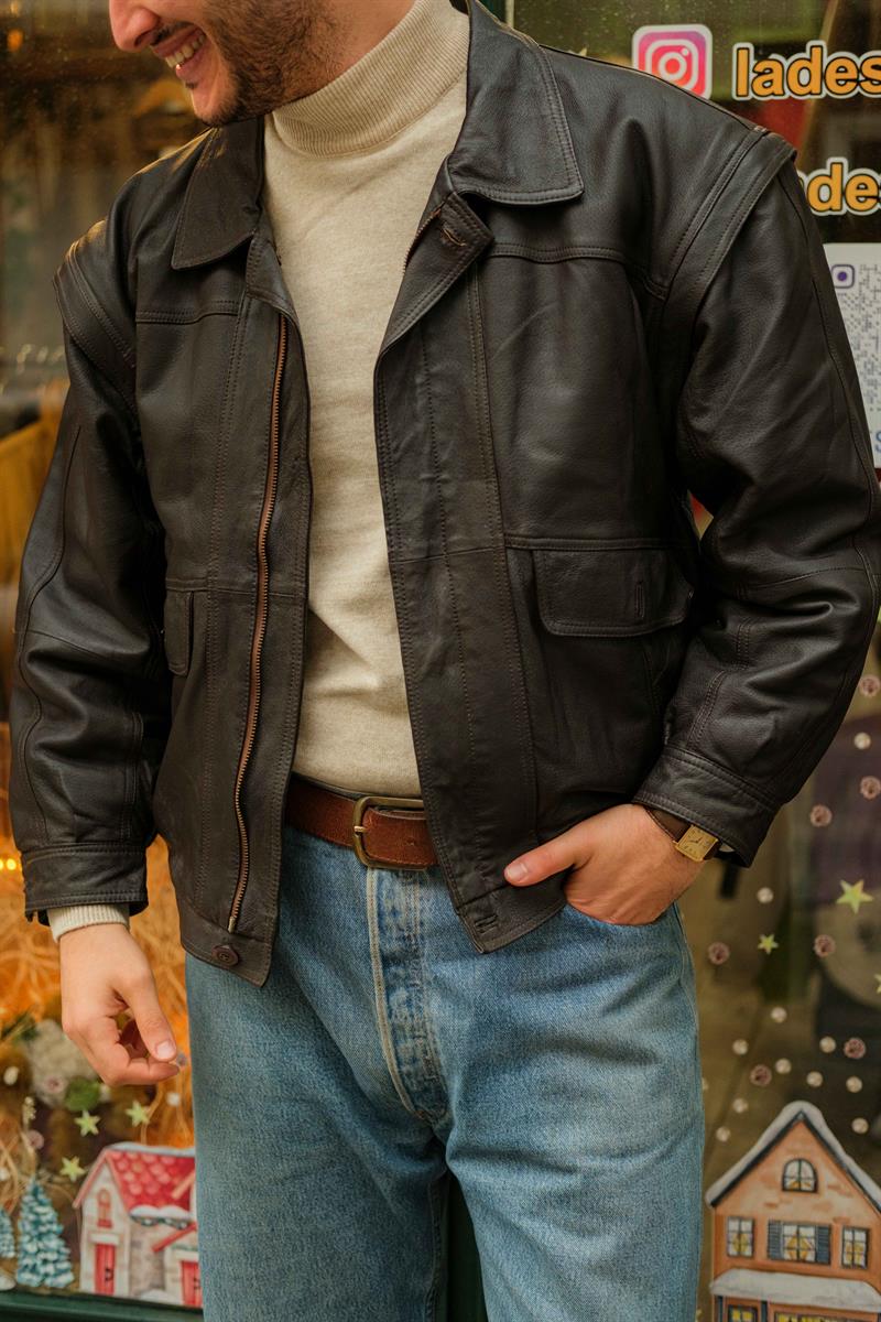 Vintage Acı Kahve Renk Bomber Model Unisex Deri Ceket