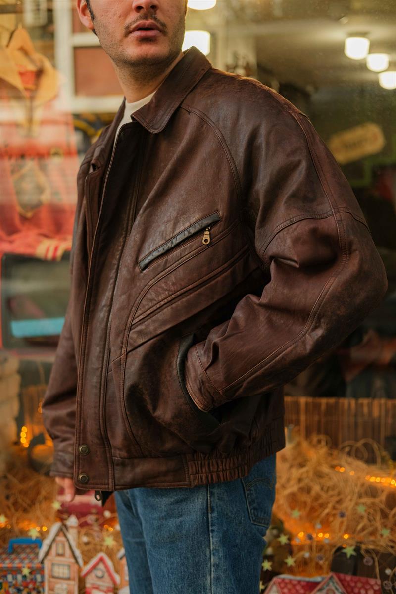 Vintage Acı Kahve Renk Bomber Unisex Deri Ceket