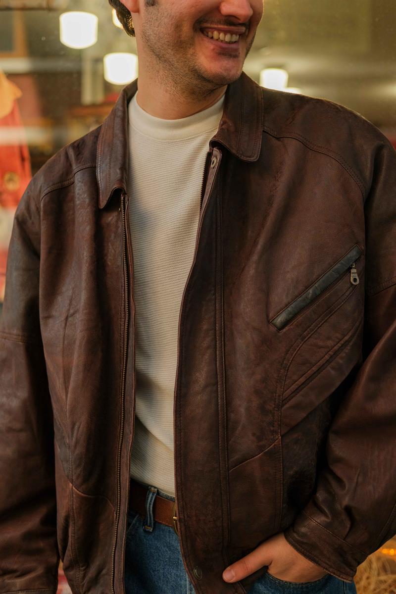 Vintage Acı Kahve Renk Bomber Unisex Deri Ceket