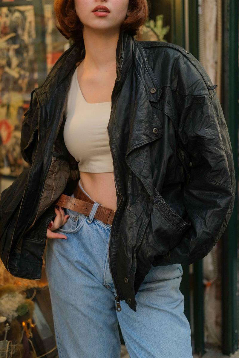 Vintage Black Bomber Deri Ceket