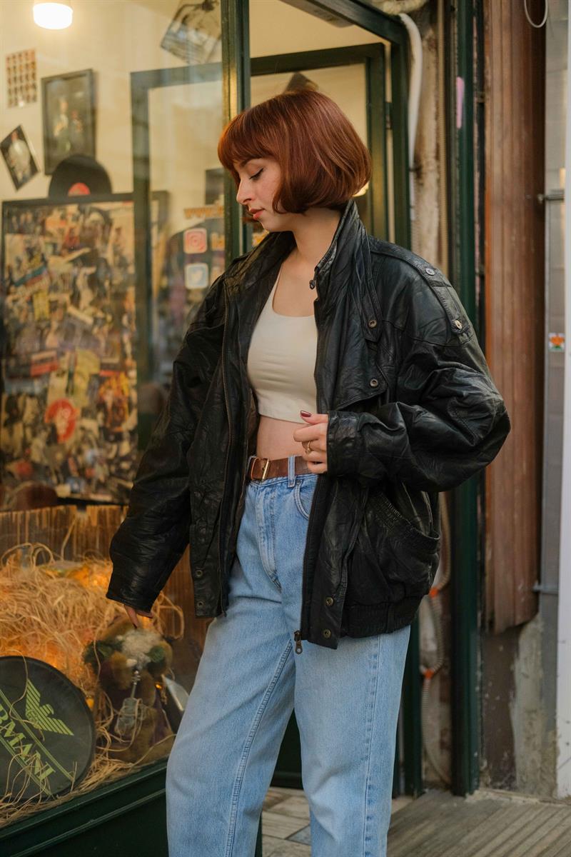 Vintage Black Bomber Deri Ceket