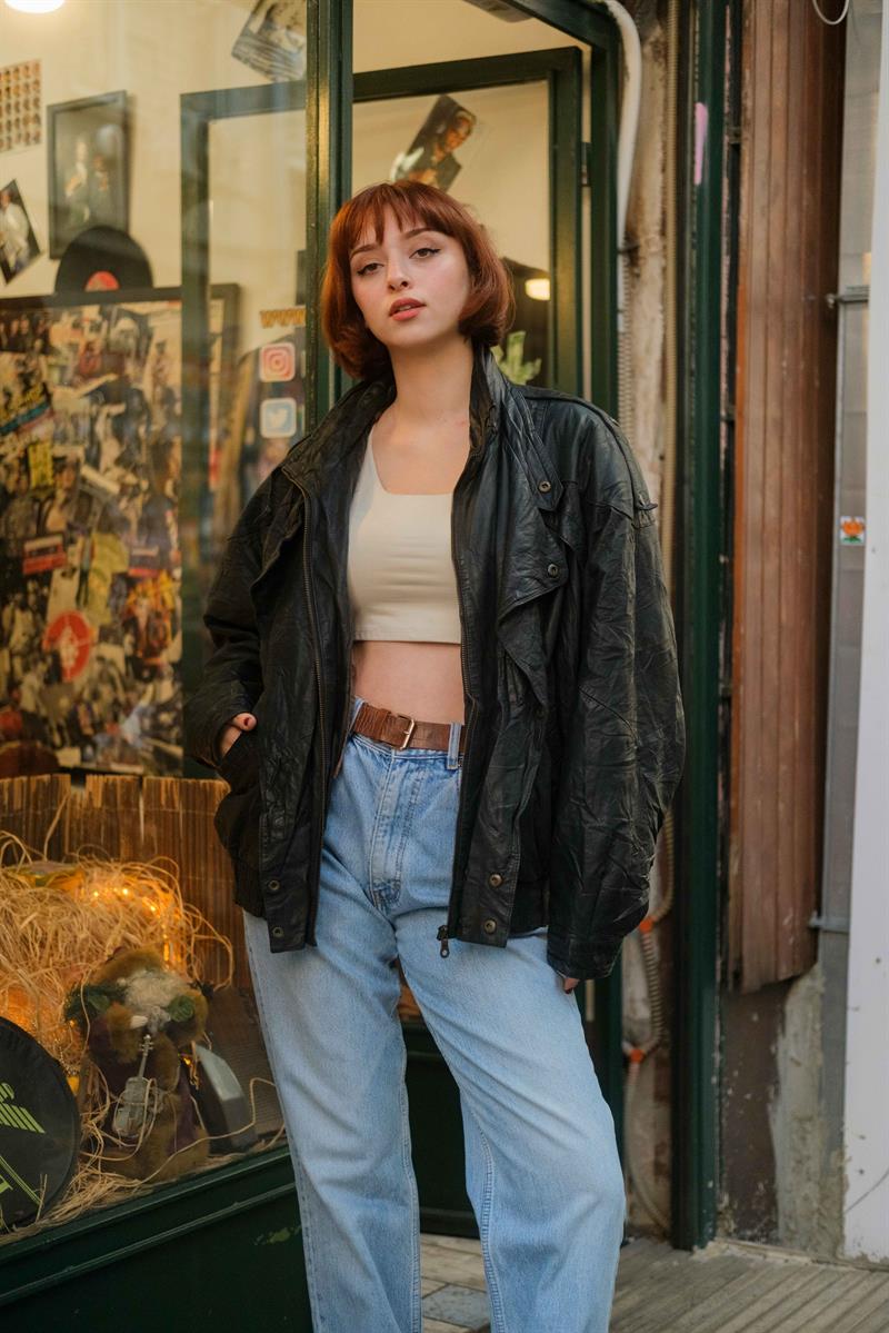 Vintage Black Bomber Deri Ceket