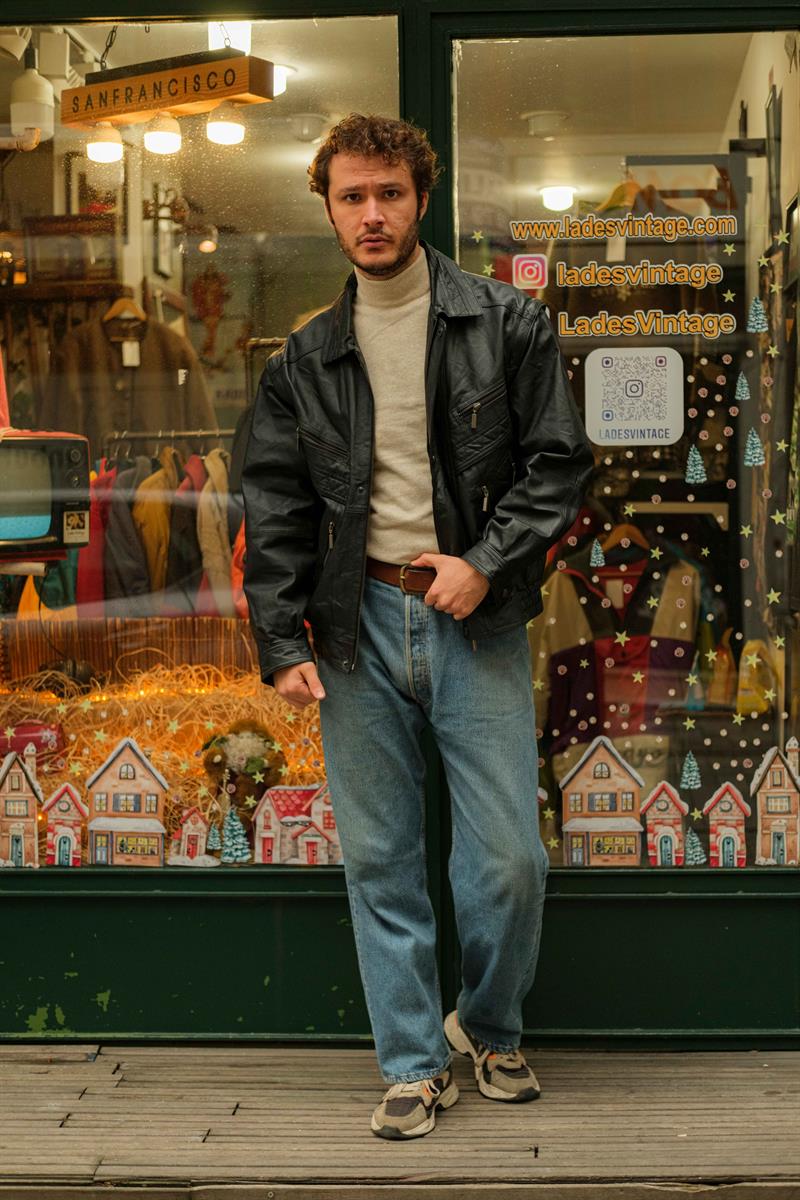 Vintage Black Bomber Model Unisex Deri Ceket