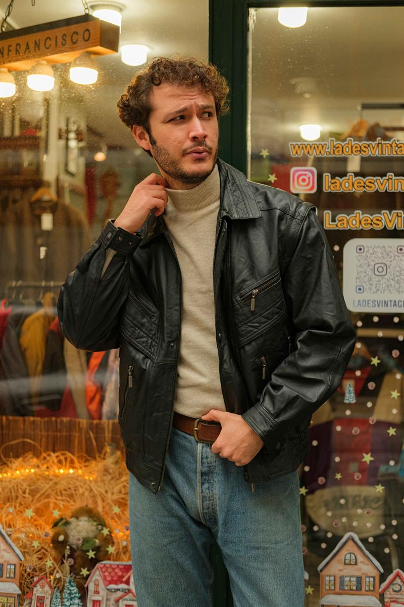 Vintage Black Bomber Model Unisex Deri Ceket