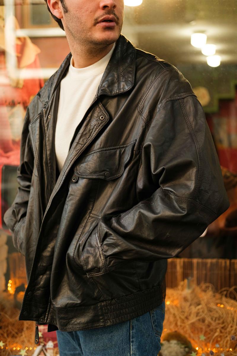 Vintage Black Bomber Unisex Deri Ceket