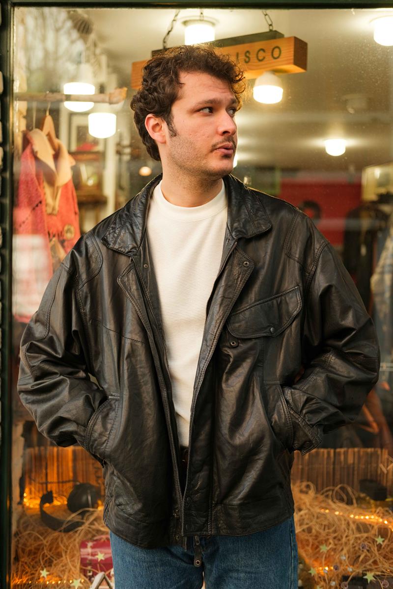 Vintage Black Bomber Unisex Deri Ceket