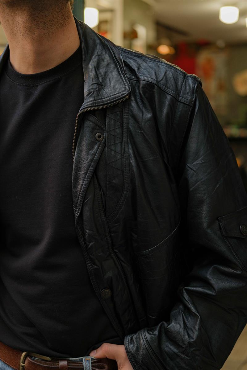 Vintage Black Bomber Unisex Deri Ceket