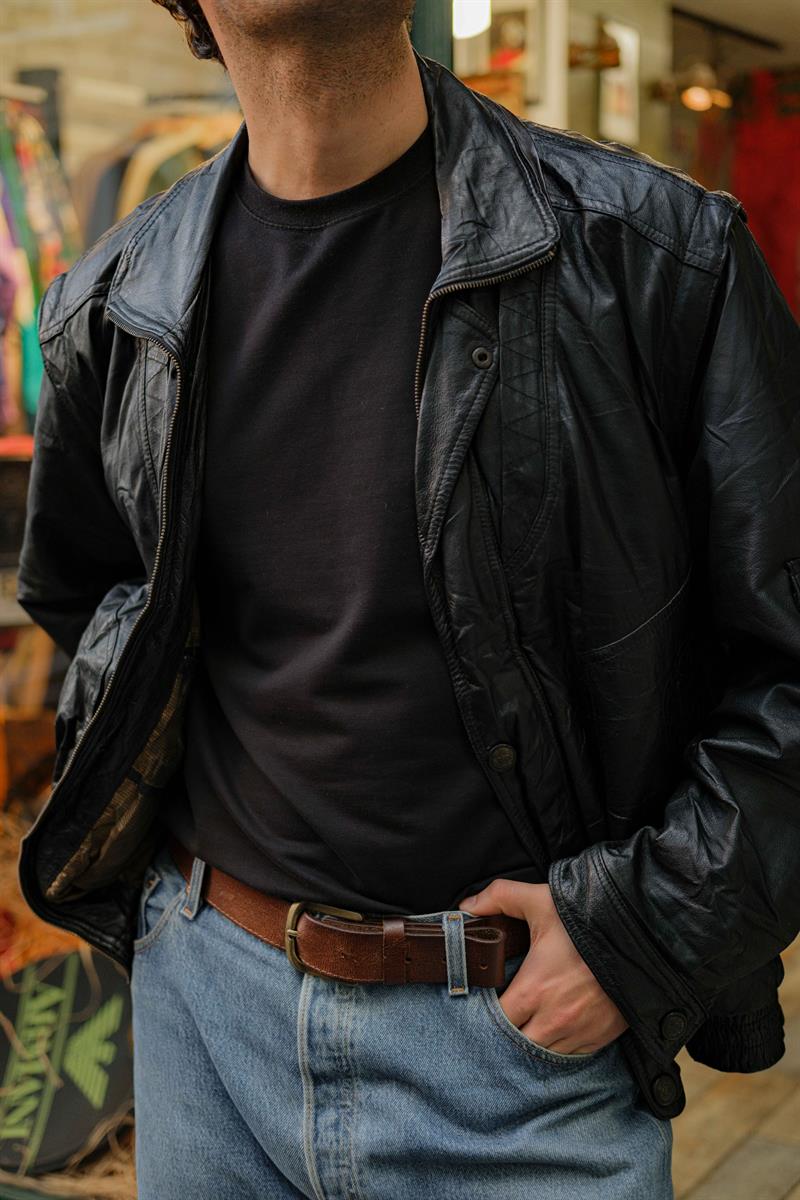Vintage Black Bomber Unisex Deri Ceket