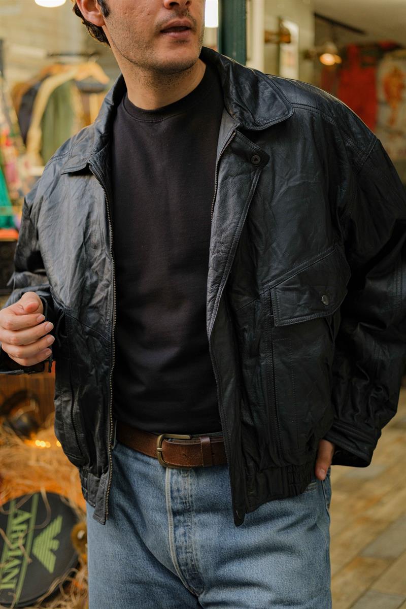 Vintage Bomber Model Unisex Deri Ceket