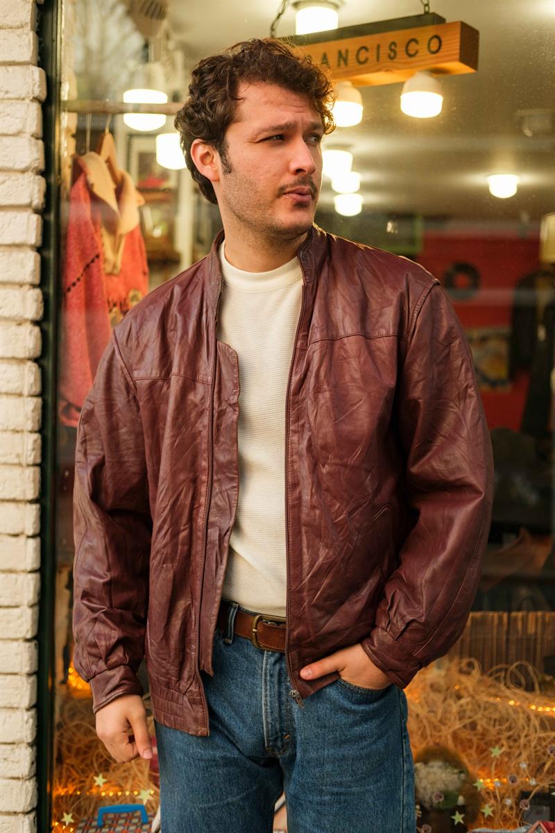 Vintage Bordo Renk Unisex Bomber Deri Ceket