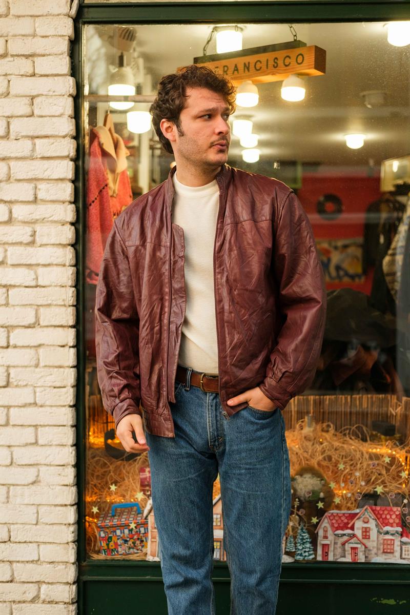 Vintage Bordo Renk Unisex Bomber Deri Ceket