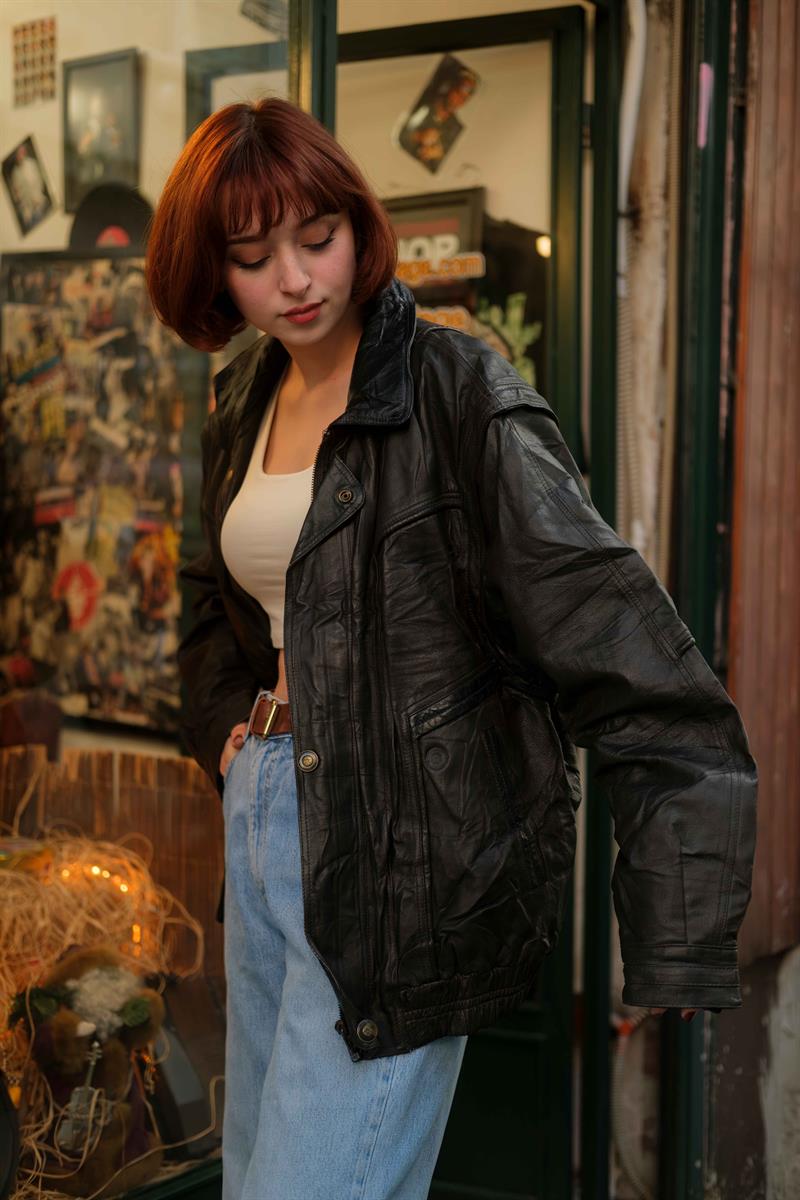 Vintage Brown Bomber Unisex Deri Ceket