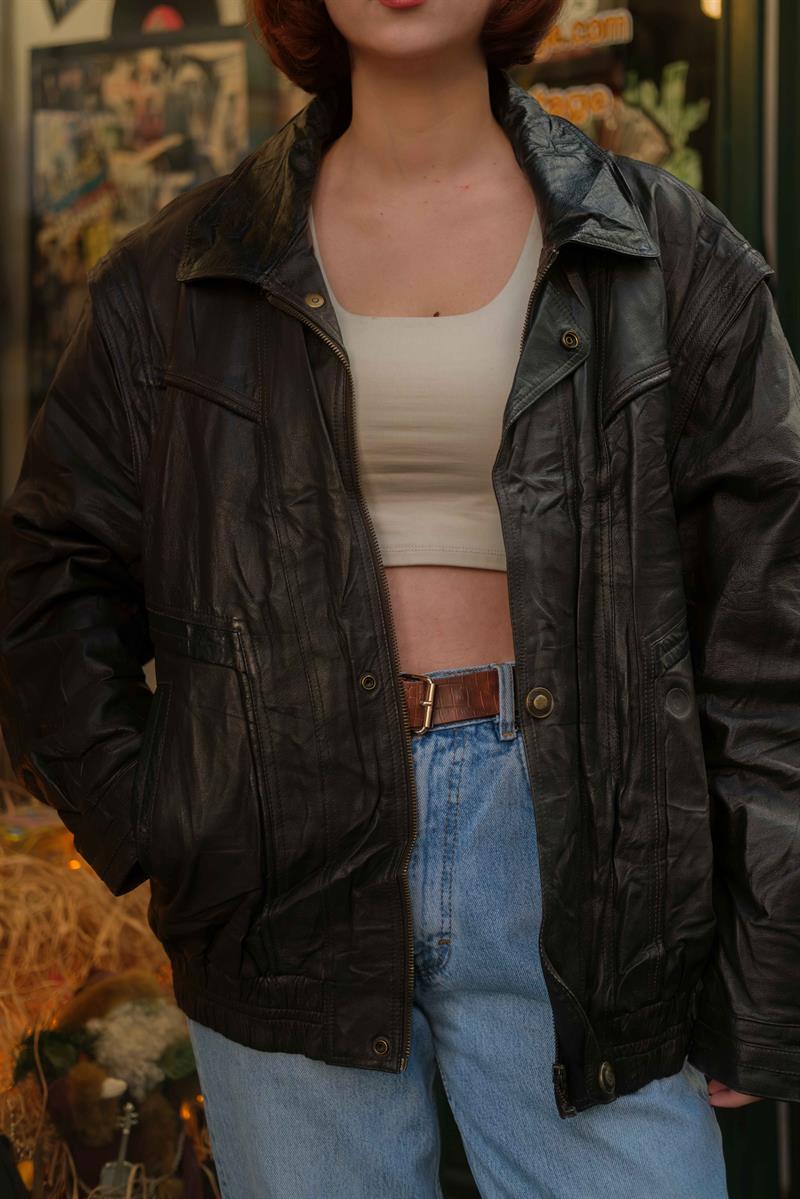Vintage Brown Bomber Unisex Deri Ceket