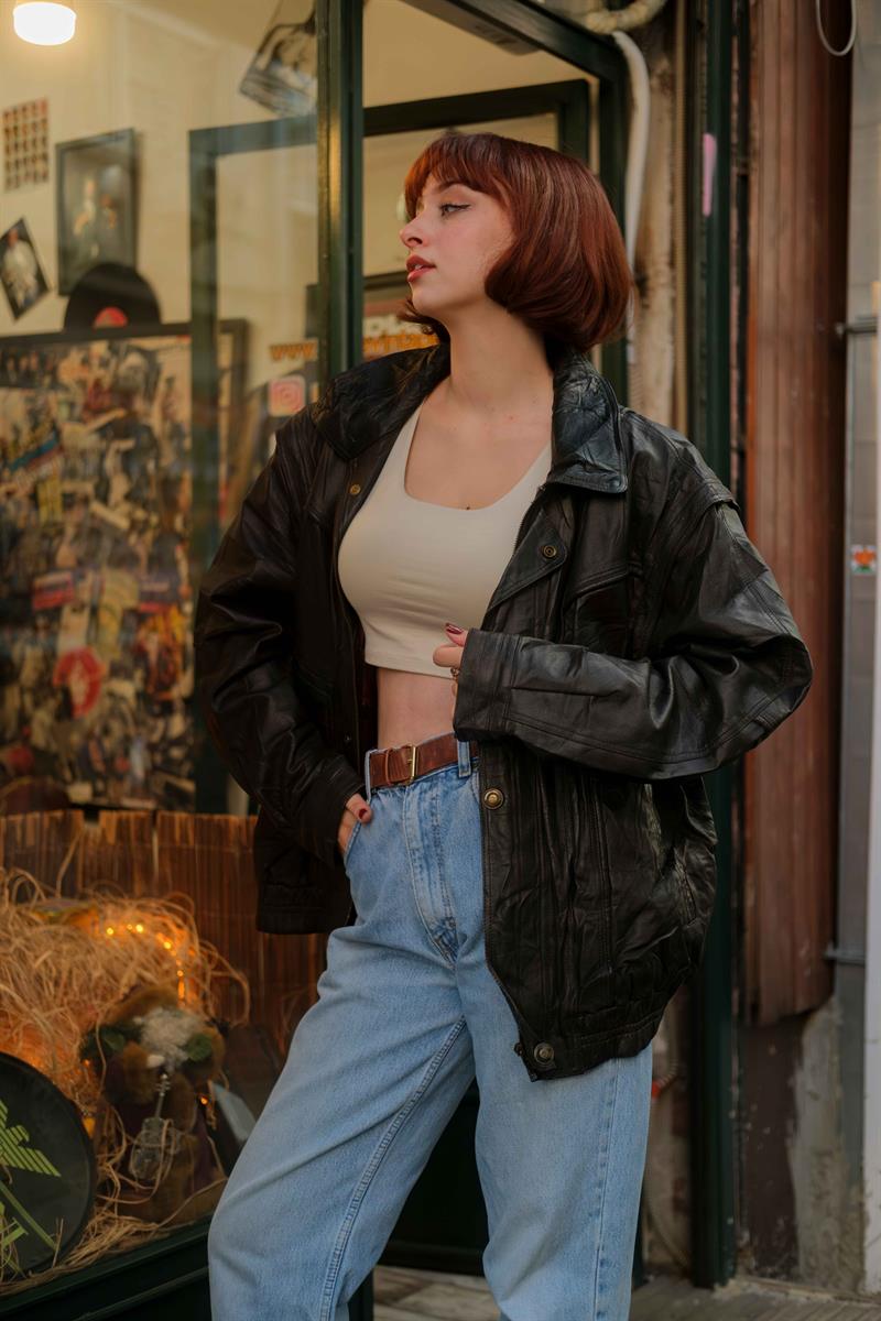 Vintage Brown Bomber Unisex Deri Ceket