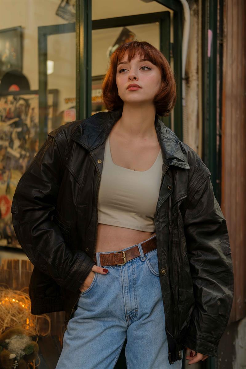 Vintage Brown Bomber Unisex Deri Ceket