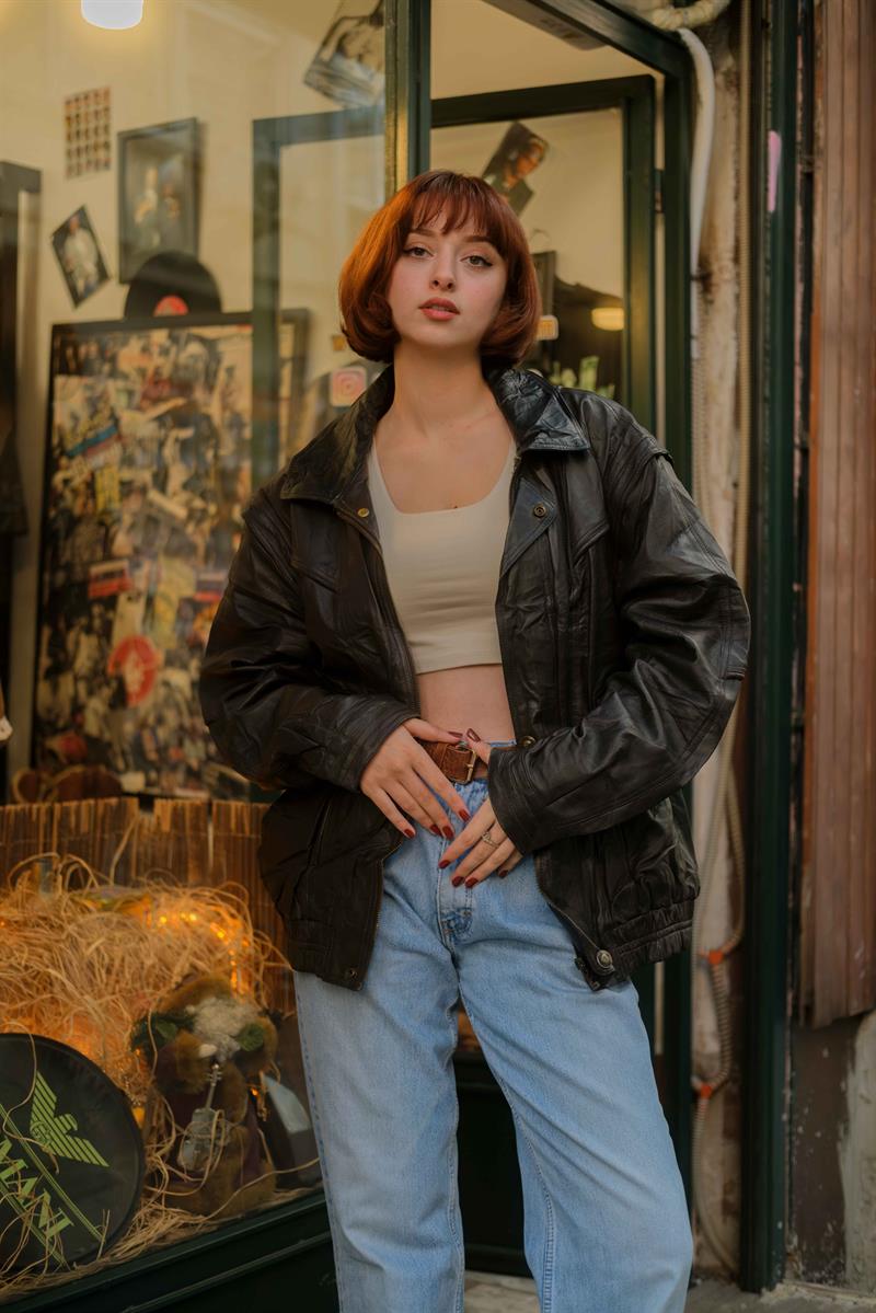 Vintage Brown Bomber Unisex Deri Ceket