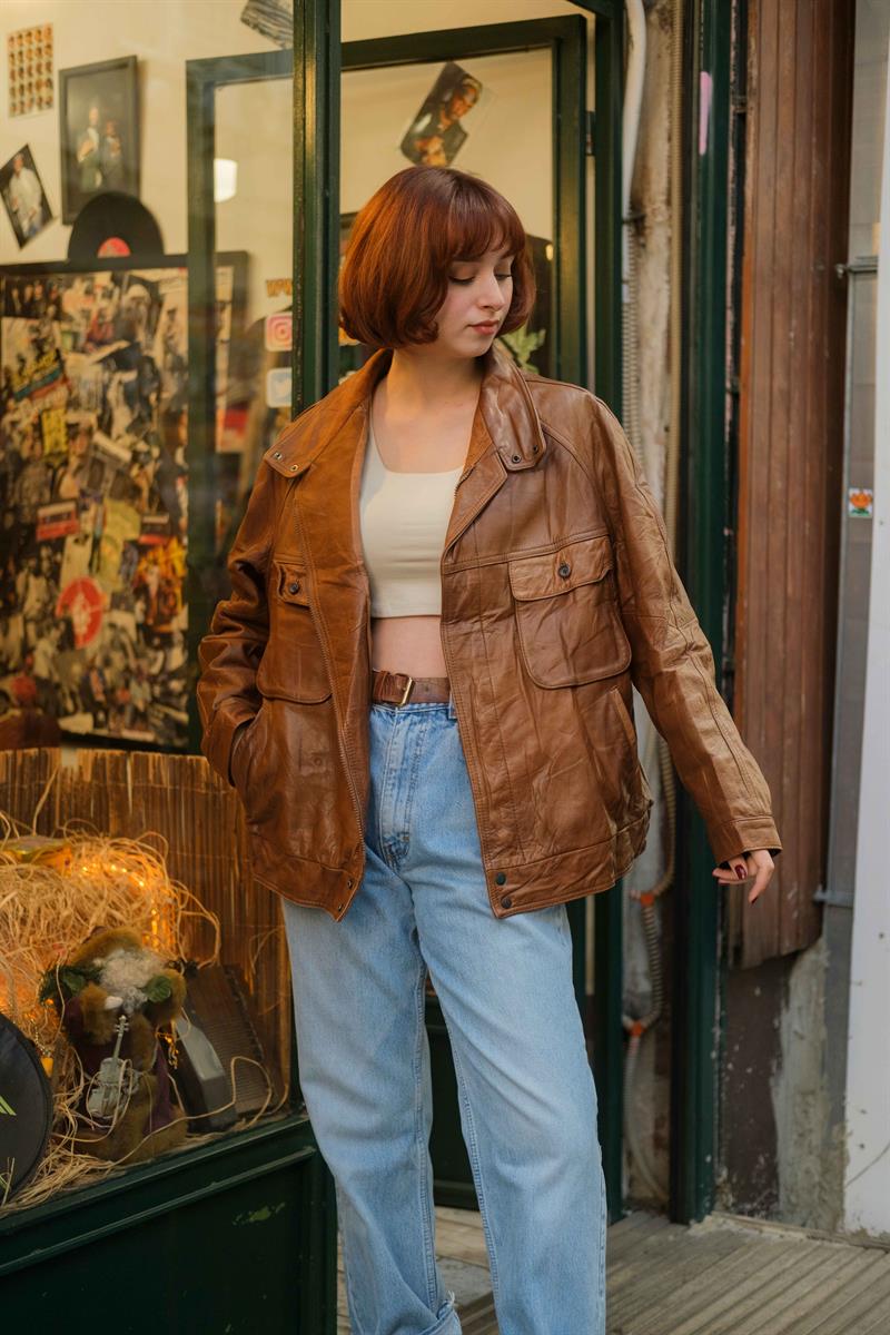 Vintage Camel Bomber Unisex Deri Ceket