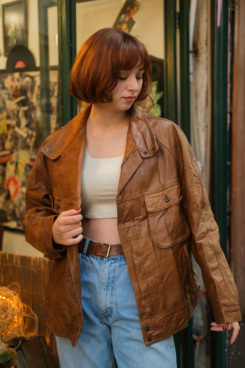 Vintage Camel Bomber Unisex Deri Ceket