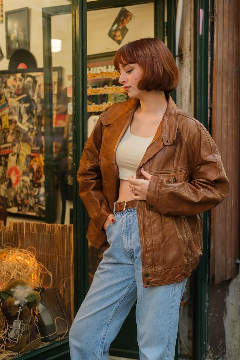 Vintage Camel Bomber Unisex Deri Ceket