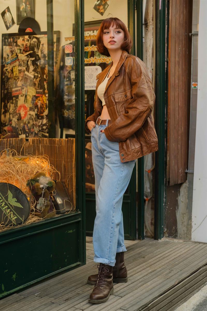 Vintage Camel Bomber Unisex Deri Ceket