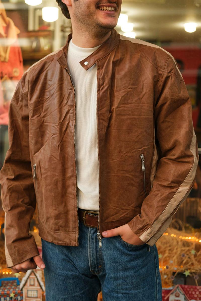 Vintage Coffee Biker Unisex Deri Ceket