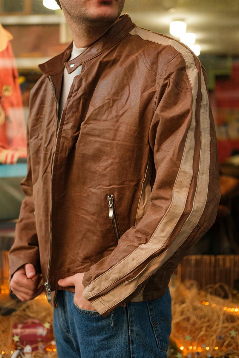 Vintage Coffee Biker Unisex Deri Ceket