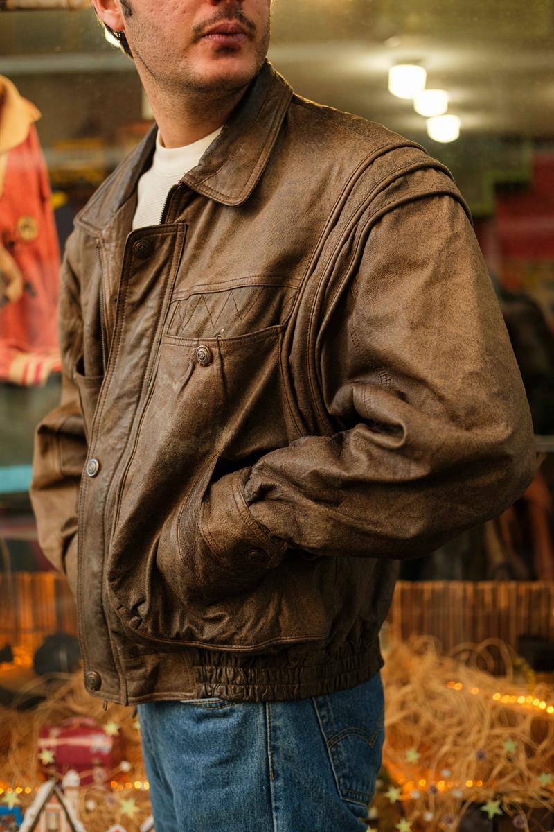 Vintage Eskitme Etnik Unisex Bomber Deri Ceket