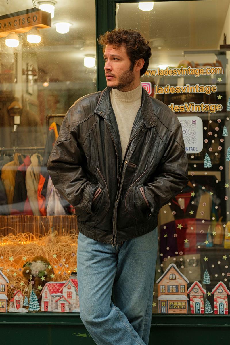 Vintage Eskitme İç Astar Detaylı Bomber Unisex Deri Ceket