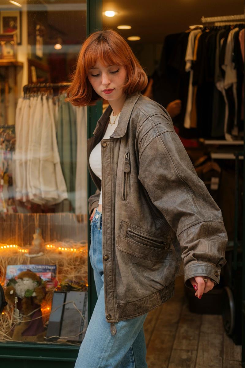 Vintage Eskitme Trapper Bomber Deri Ceket