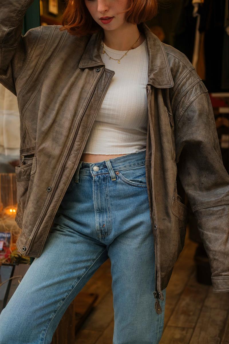 Vintage Eskitme Trapper Bomber Deri Ceket
