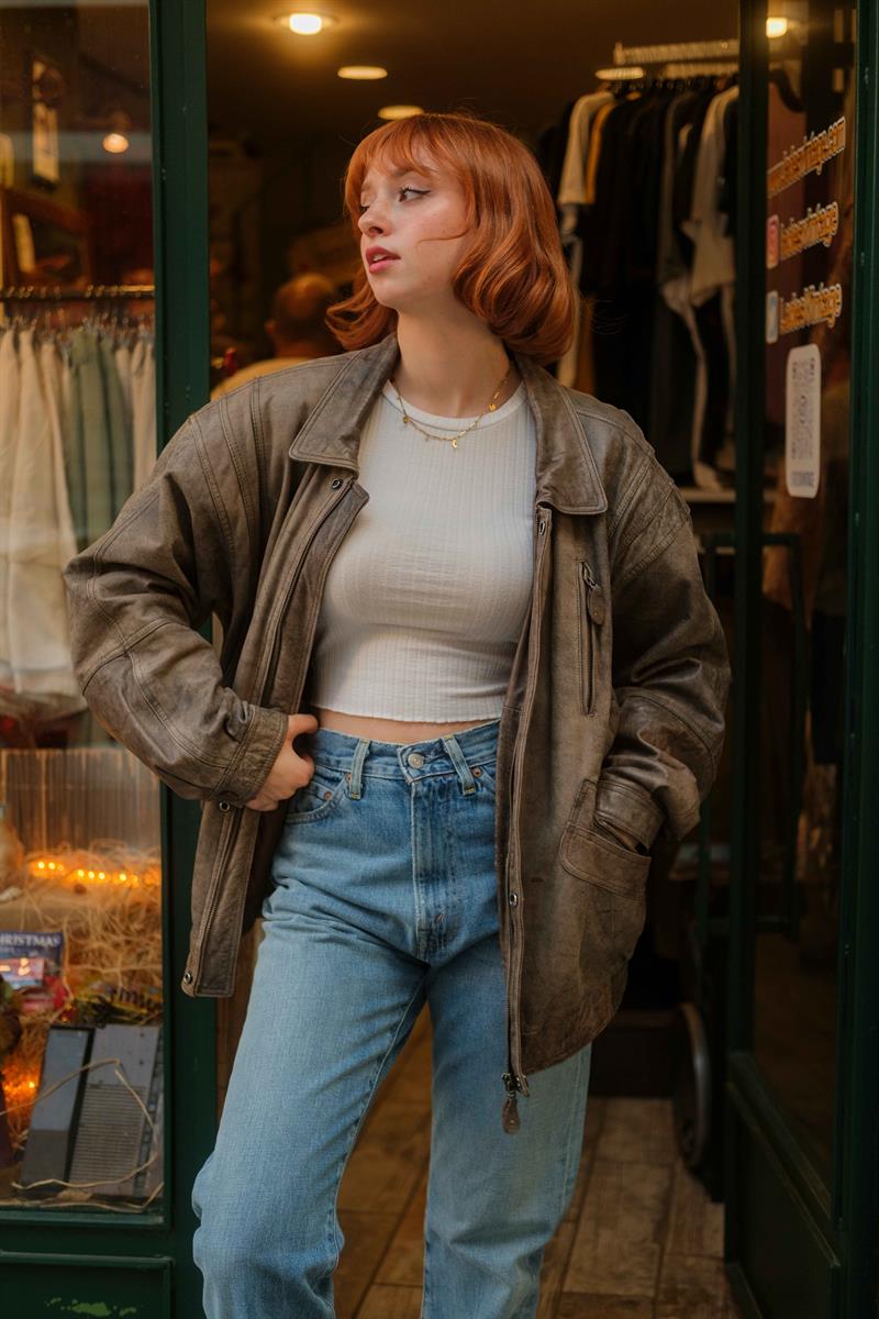 Vintage Eskitme Trapper Bomber Deri Ceket