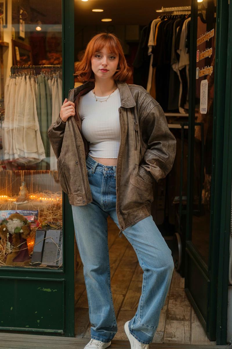 Vintage Eskitme Trapper Bomber Deri Ceket