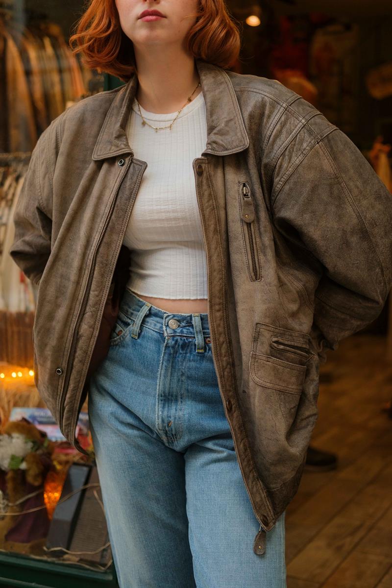 Vintage Eskitme Trapper Bomber Deri Ceket