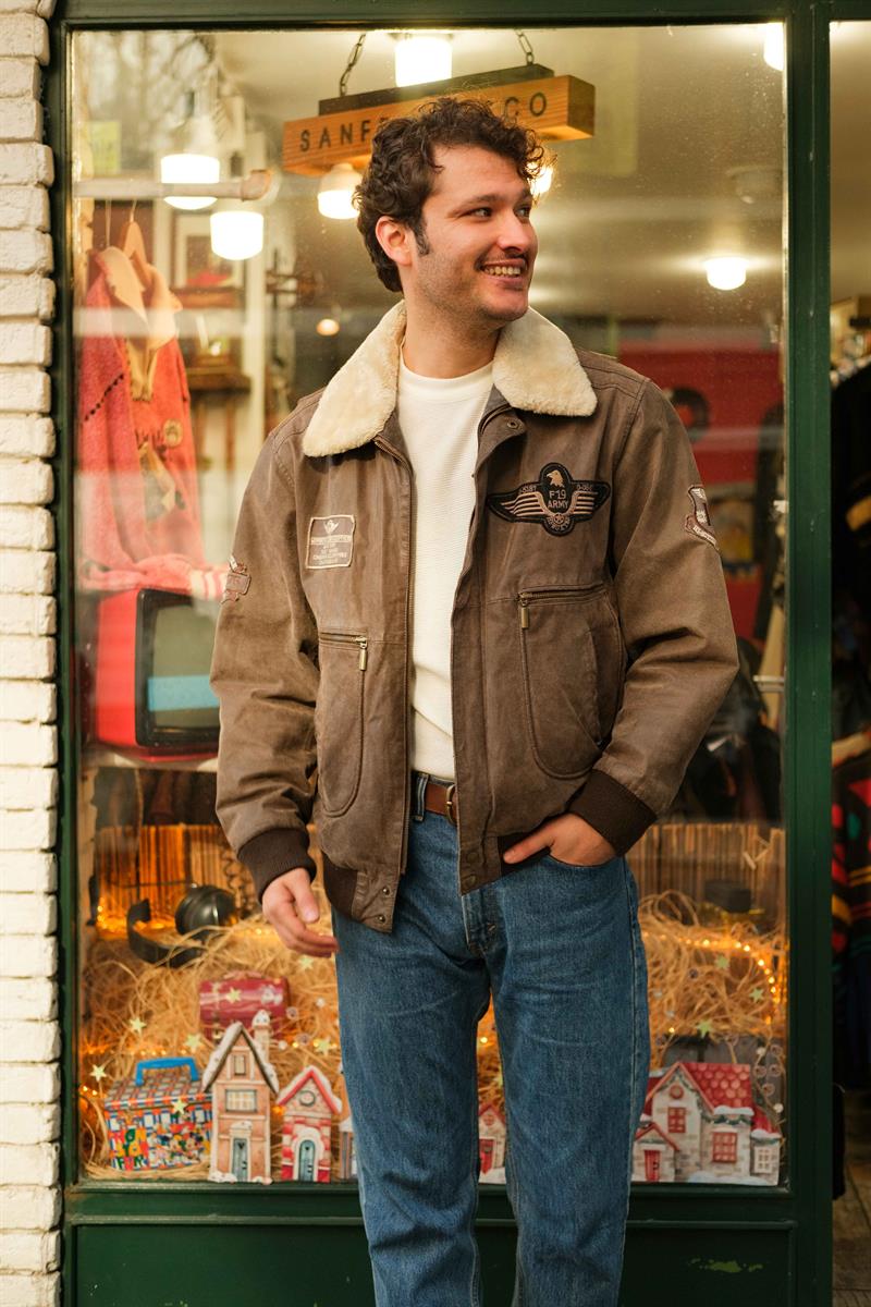 Vintage F19 ARMY Pilot Unisex Bomber Deri Ceket