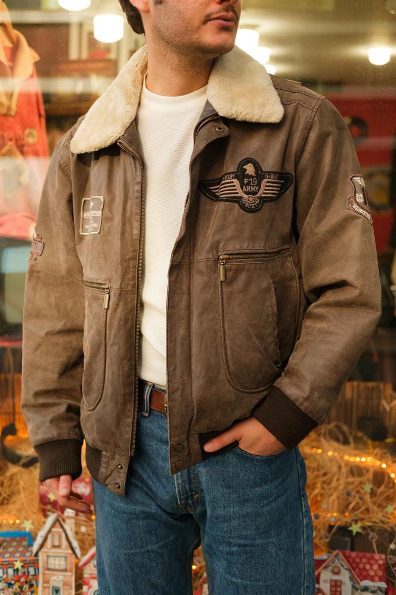 Vintage F19 ARMY Pilot Unisex Bomber Deri Ceket