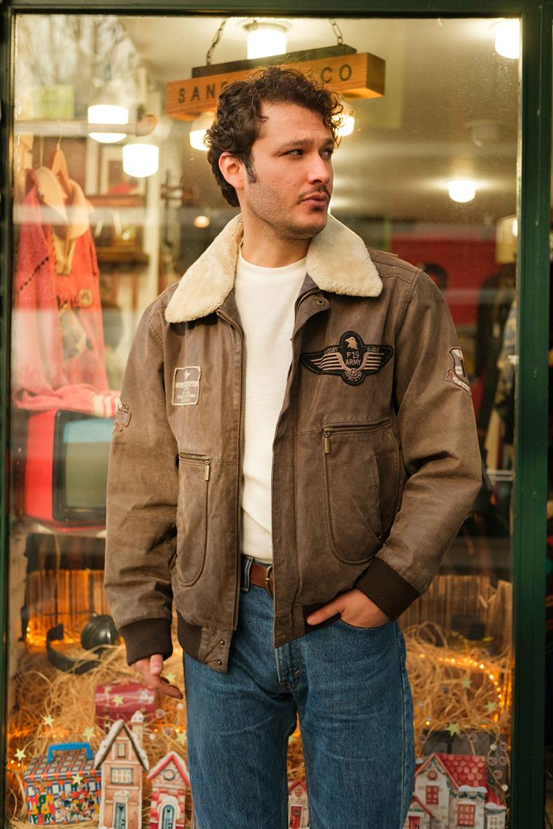 Vintage F19 ARMY Pilot Unisex Bomber Deri Ceket
