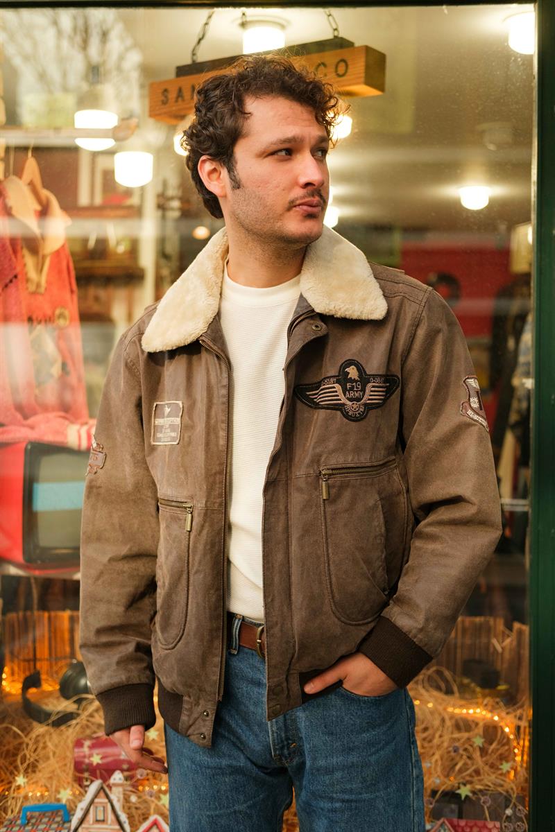 Vintage F19 ARMY Pilot Unisex Bomber Deri Ceket