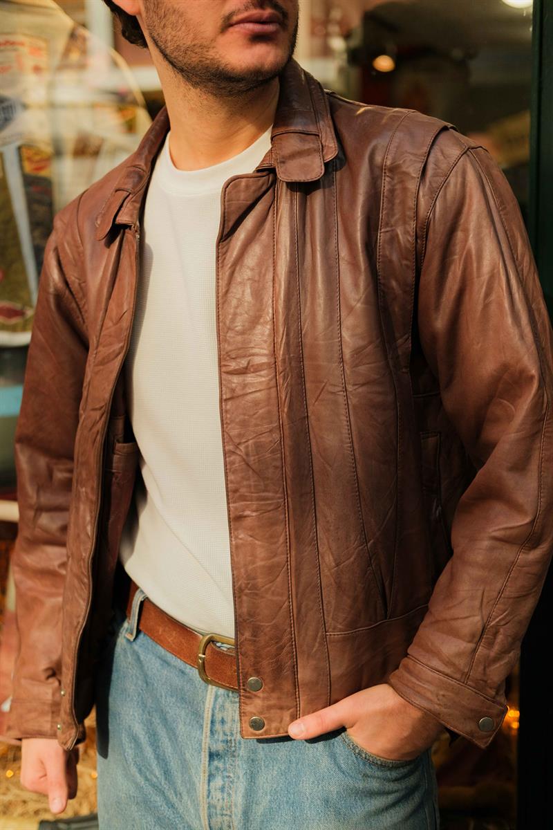 İtalian Kahve Renk Bomber Unisex Deri Ceket