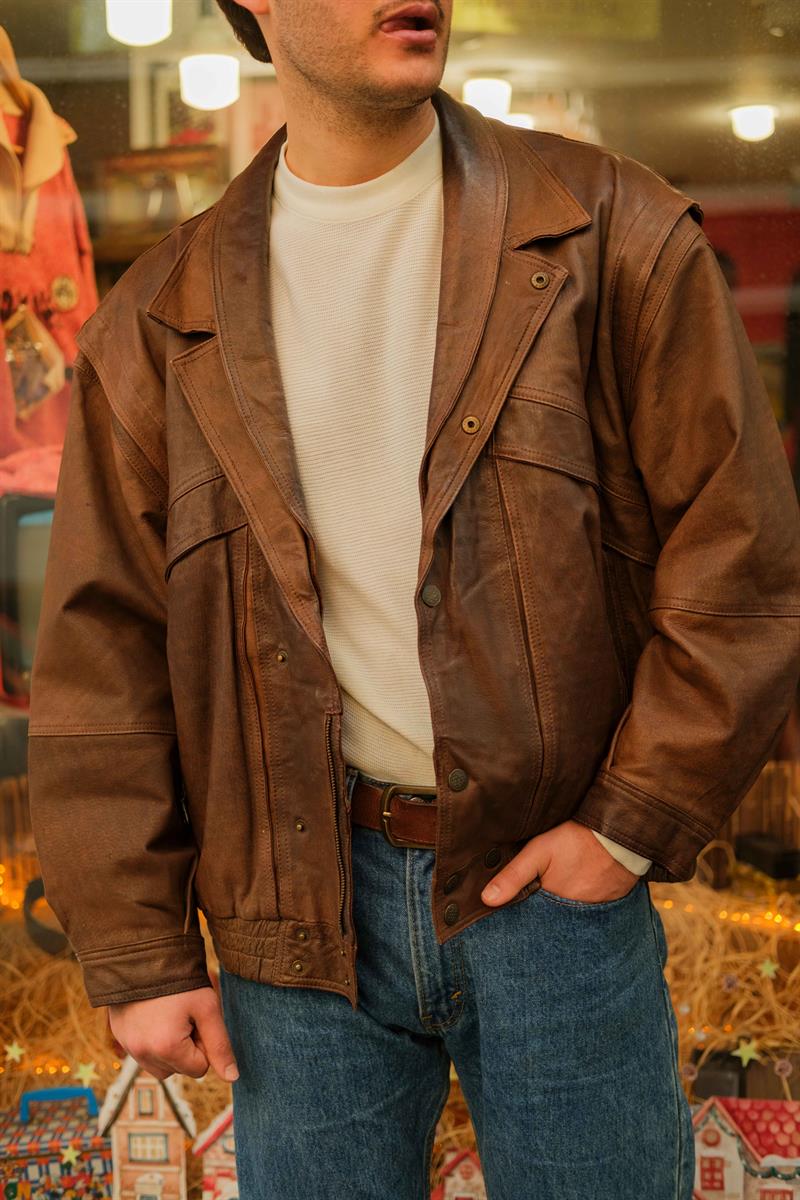 Vintage İtalian Model Unisex Bomber Deri Ceket