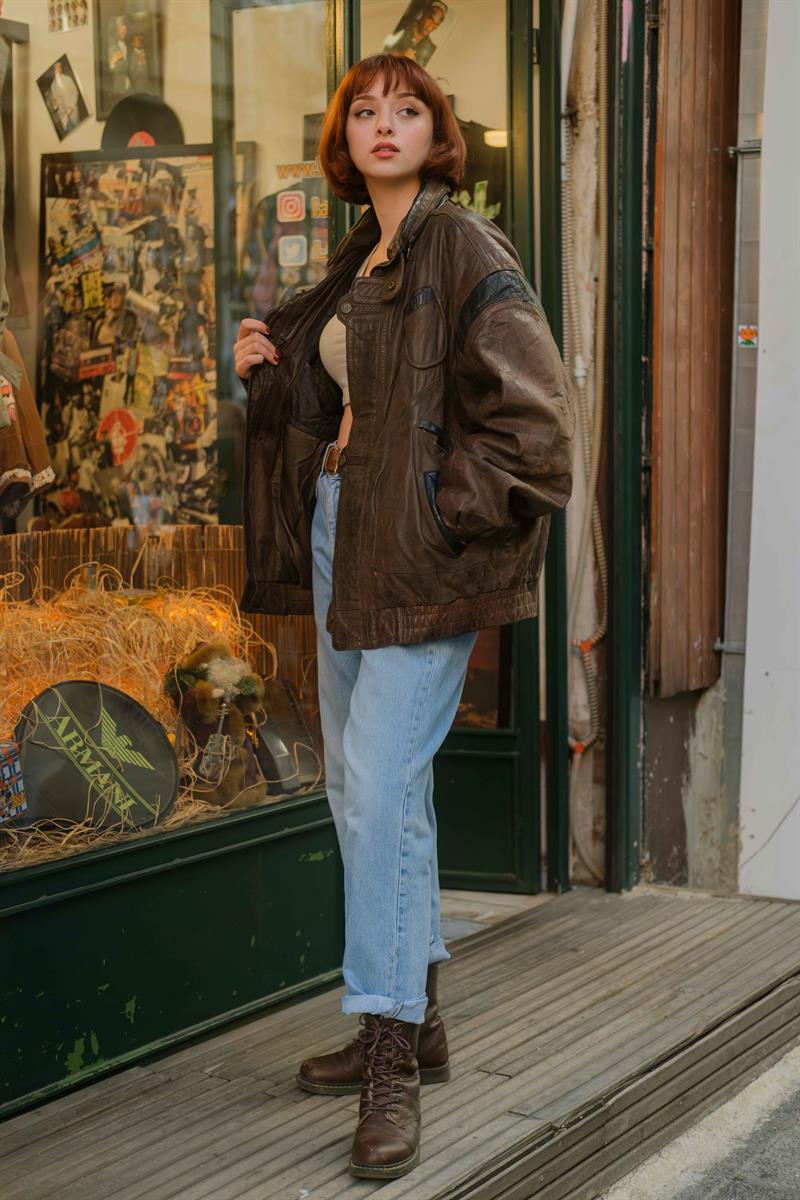 Vintage Kahve Bomber Deri Ceket