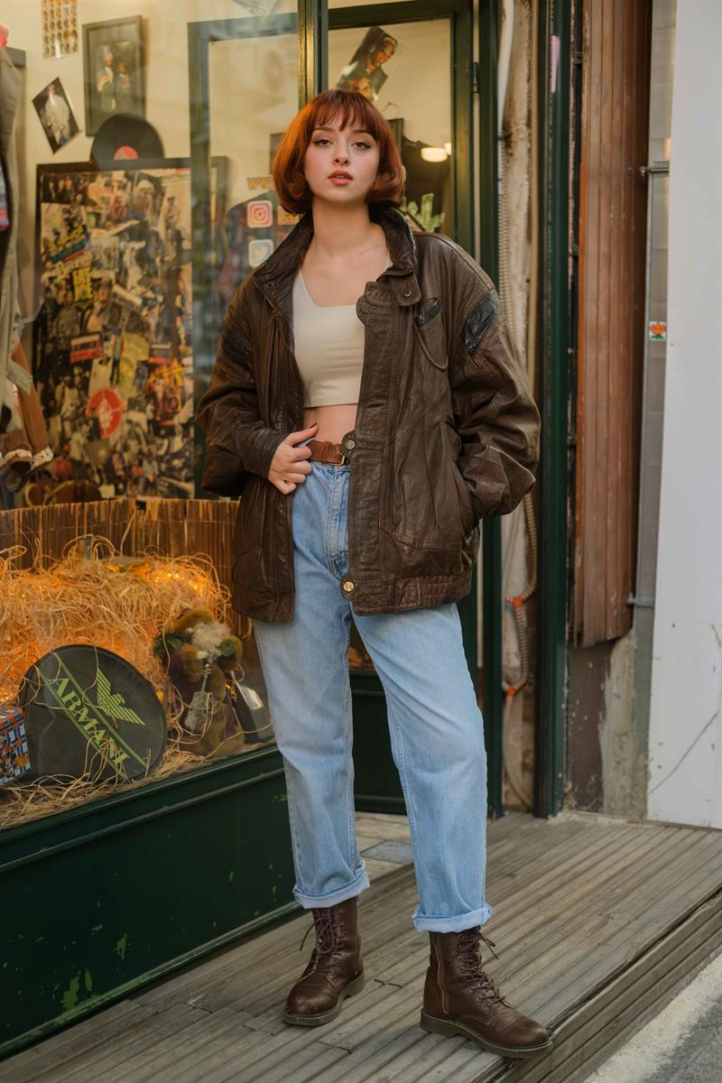 Vintage Kahve Bomber Deri Ceket
