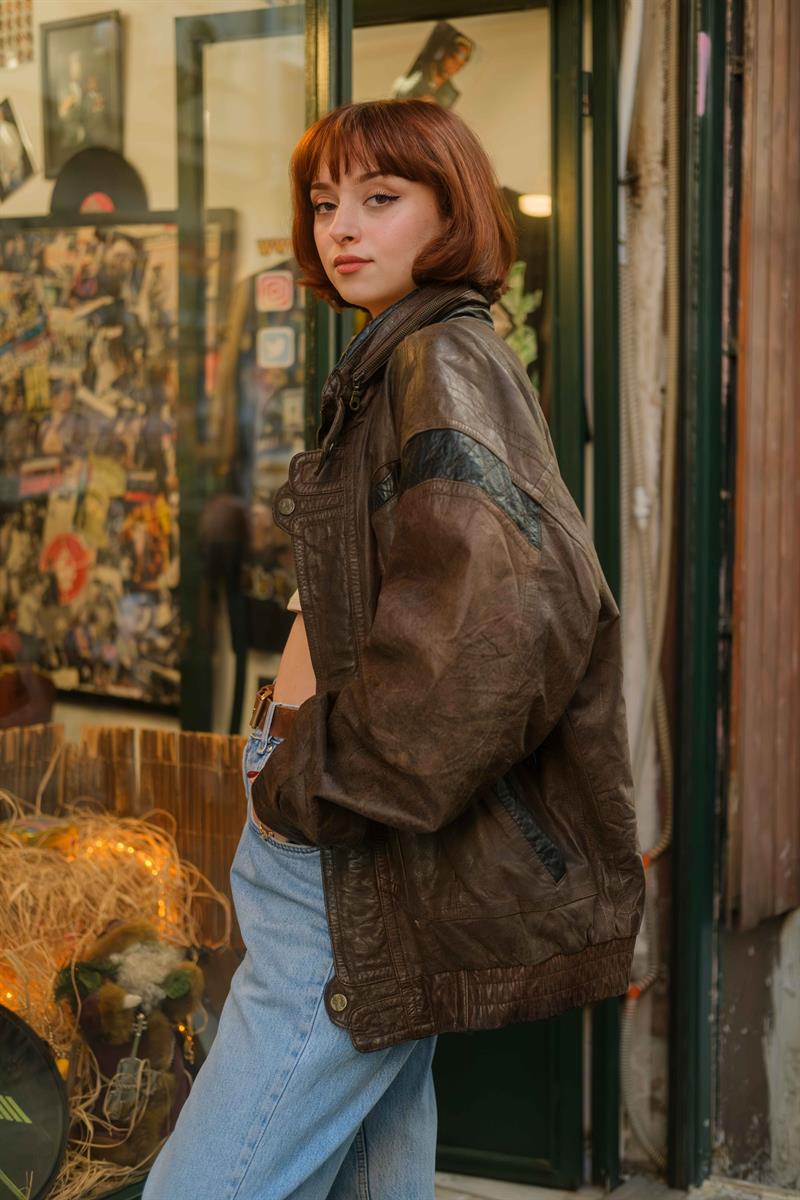 Vintage Kahve Bomber Deri Ceket