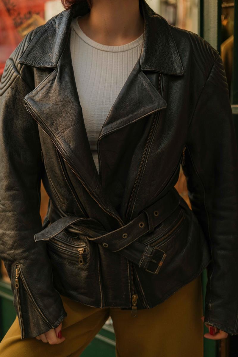 Vintage Kemerli Biker Model Unisex Deri Ceket