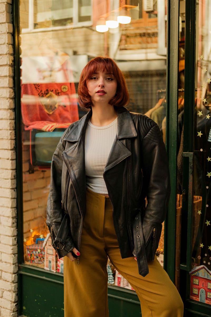 Vintage Kemerli Biker Model Unisex Deri Ceket