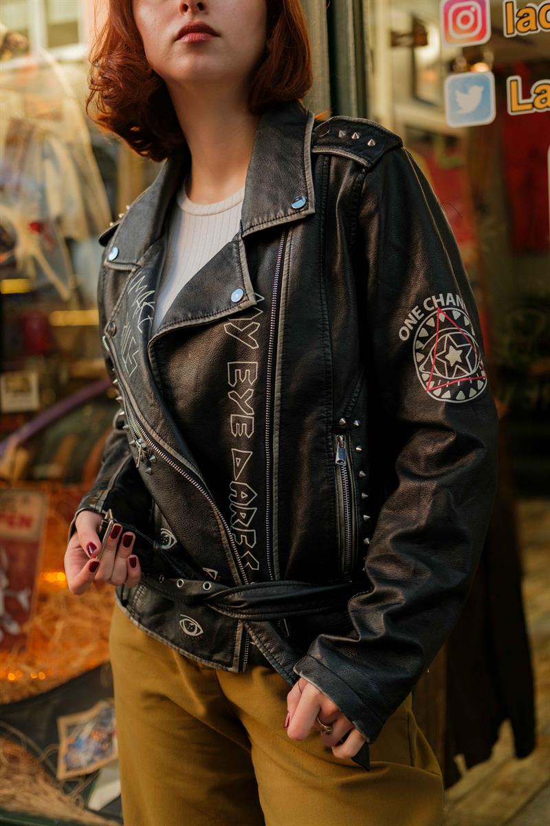 Vintage Tasarım Rock İn Roll Biker Deri Ceket