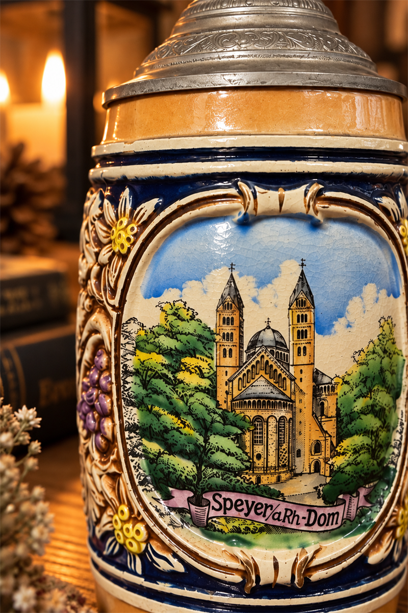 Vintage Speyer Dom Kapaklı Alman Seramik Bira Kupası